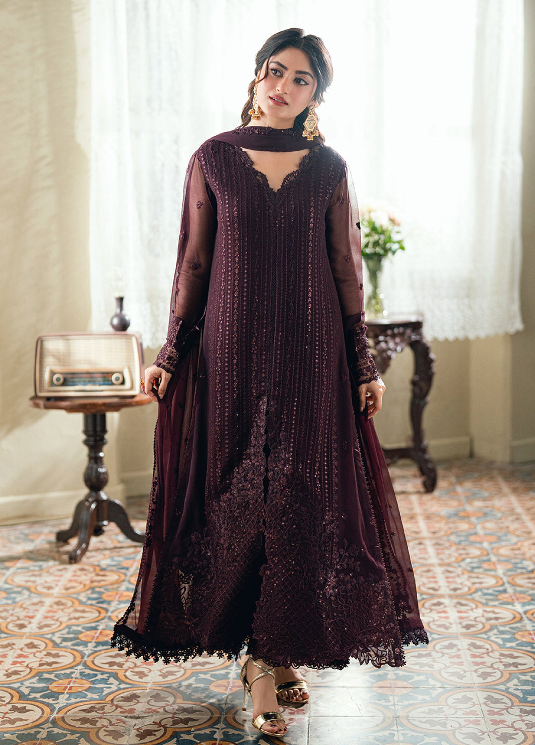 Eid Ensembles by Azure Unstitched Embroidered Chiffon 3 Piece Suit AZ26UEE ES-138 Nectar Rouge - Eid Collection