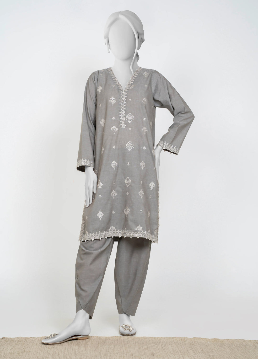 Ayla Studio Women Pret Chambray Solid Embroidered 2-Piece RTW Silver Grey - Winter Collection