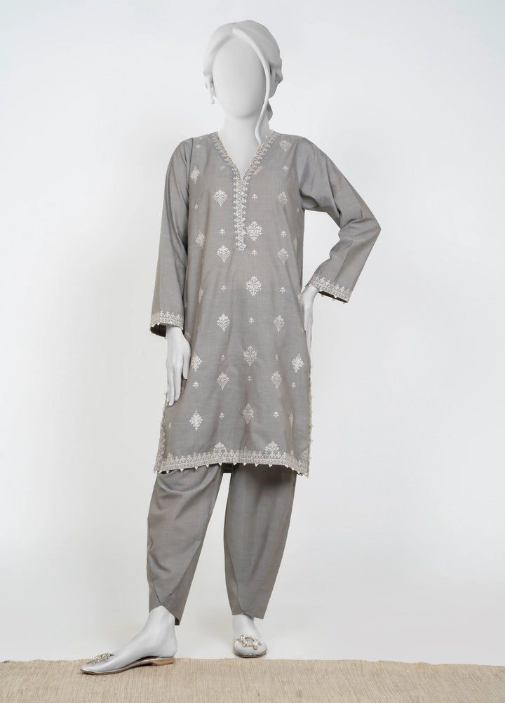 Ayla Studio Women Pret Chambray Solid Embroidered 2-Piece RTW Silver Grey - Winter Collection