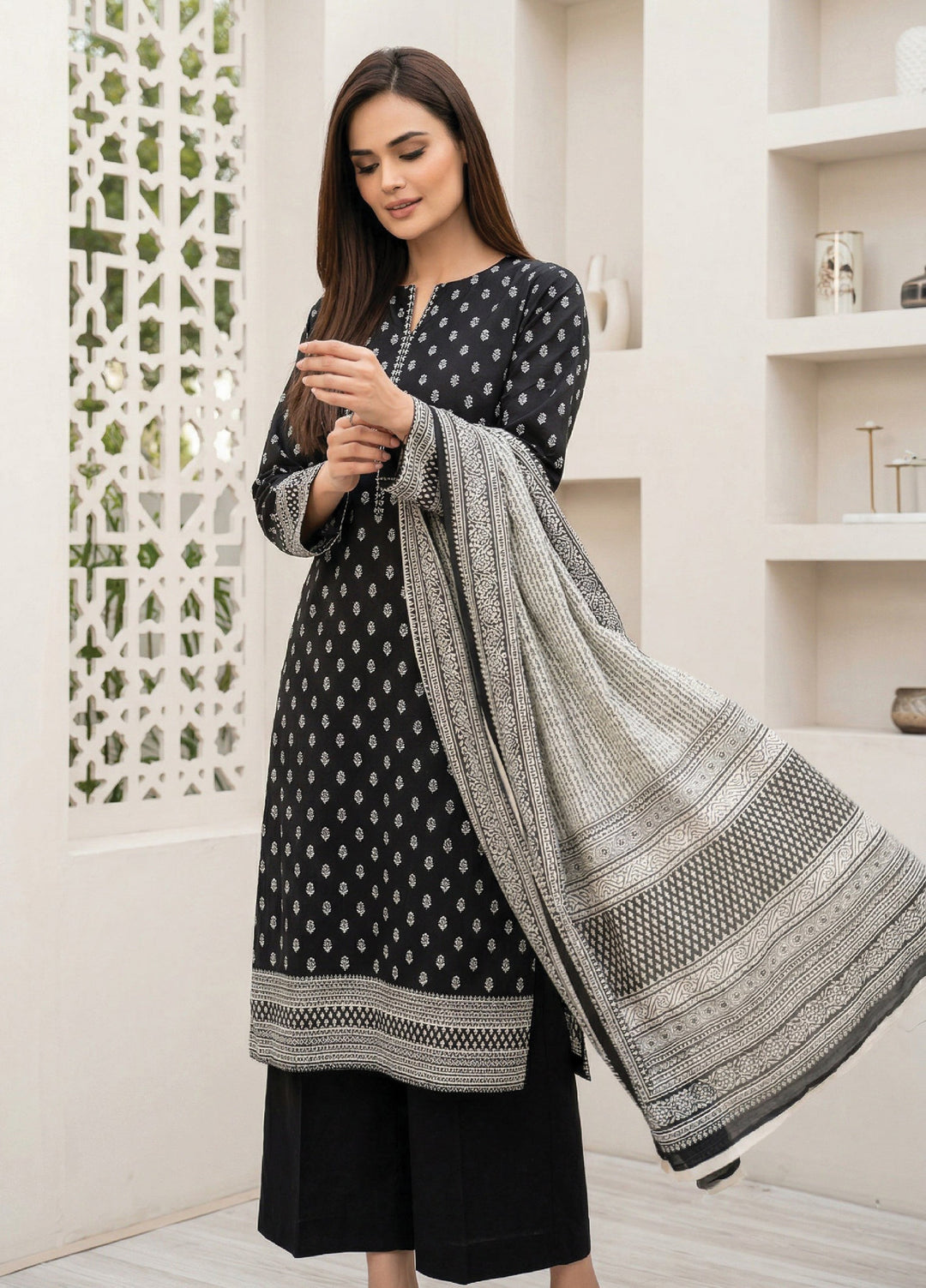 Black N White by Regalia Textiles Unstitched Printed Lawn 3 Piece Suit RG26ULBW D9 - Casual Collection