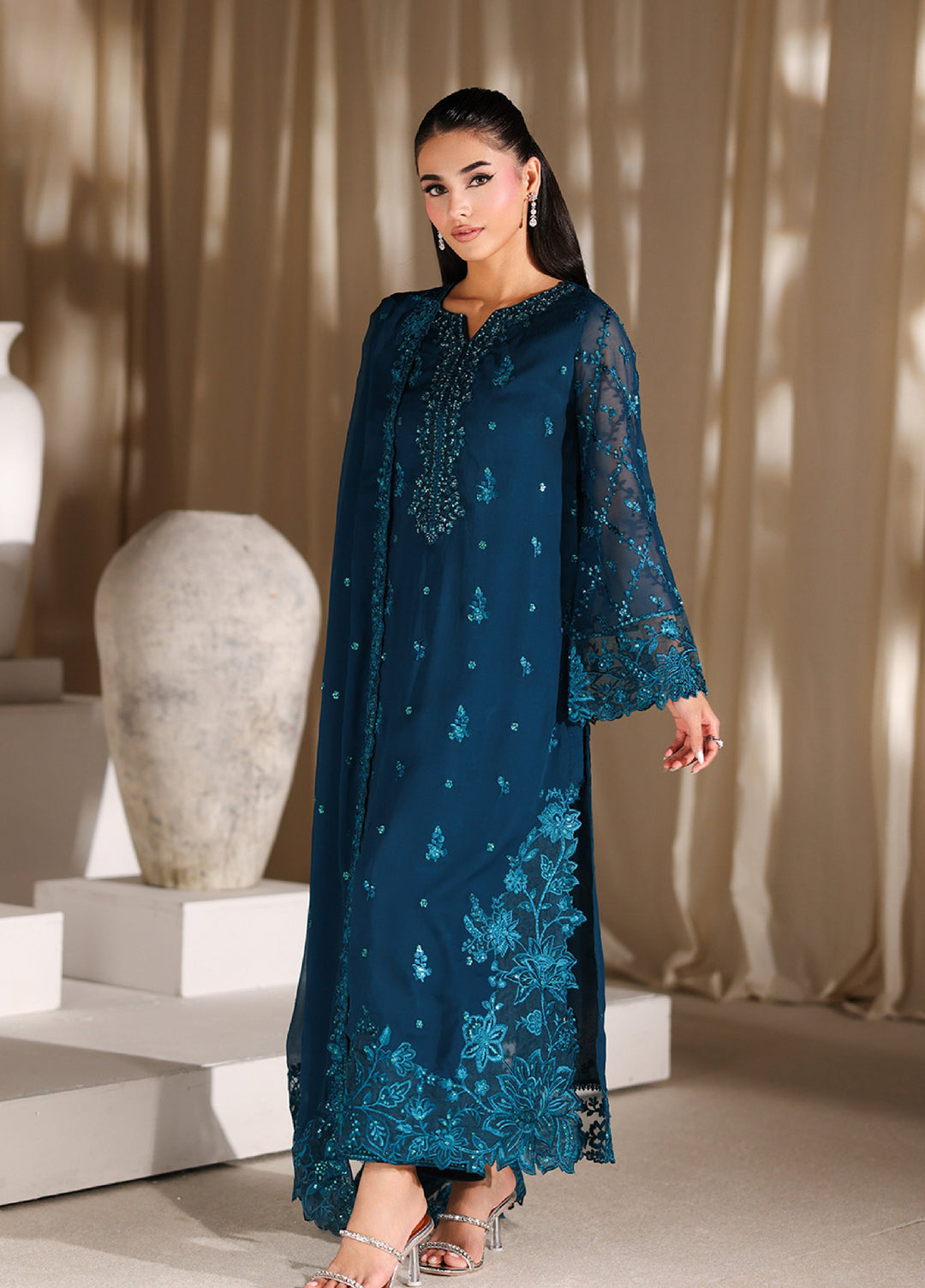 Azure Unstitched Embroidered Chiffon 3 Piece Suit AZ26ULC Majestic Teal - Festive Collection