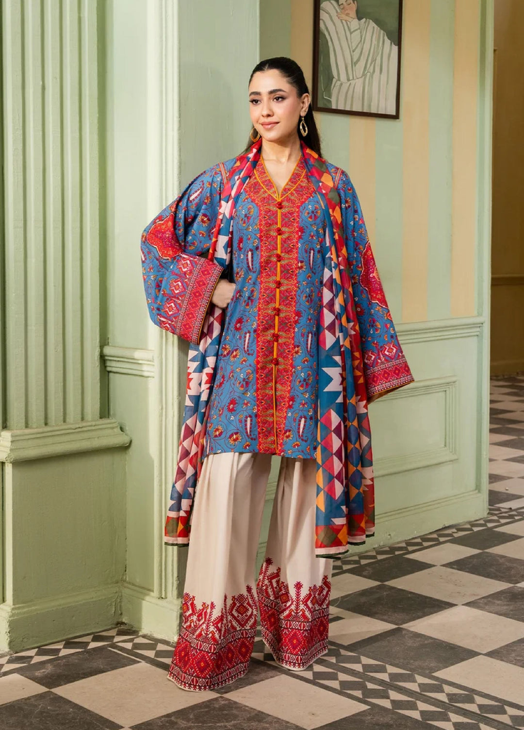 Retro by Maria Osama Khan RTW Printed Grip 3 Piece Suit MOK26PR Celeste - Casual Collection