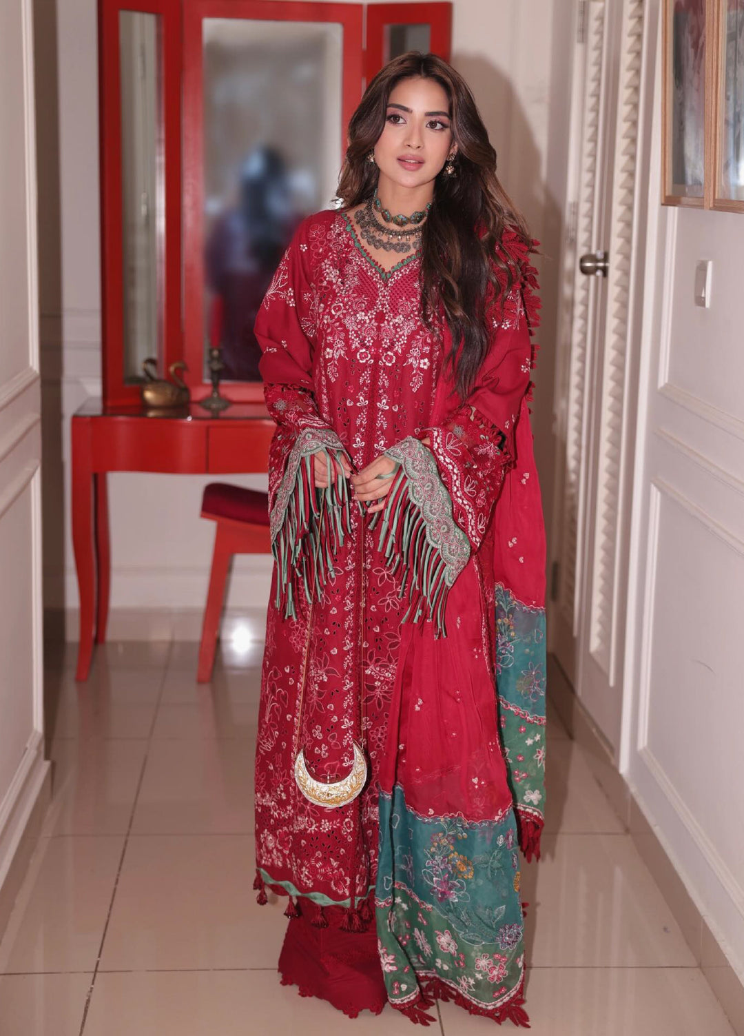 Camelia by Sundas Ahad Unstitched Embroidered Luxury Lawn 3 Piece Suit SNA26UC EL-02 Red Rouge - Festive Collection