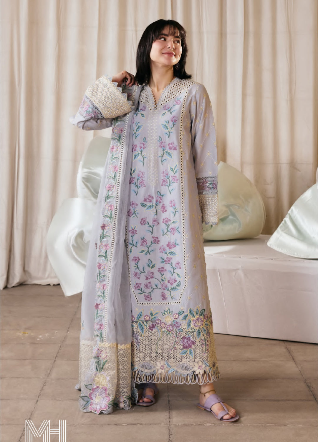 Maryam Hussain Unstitched Embroidered Lawn 3 Piece Suit MH26ULF Pari - Festive Collection