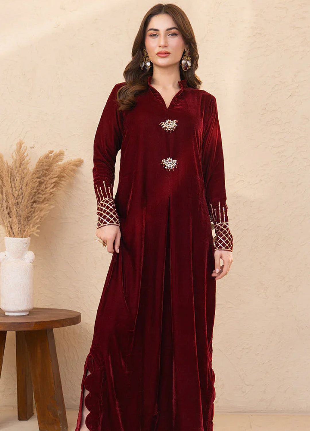 Winter Hues by Naayas Women Pret Embroidered Kaftan Velvet Ambery - Winter Collection