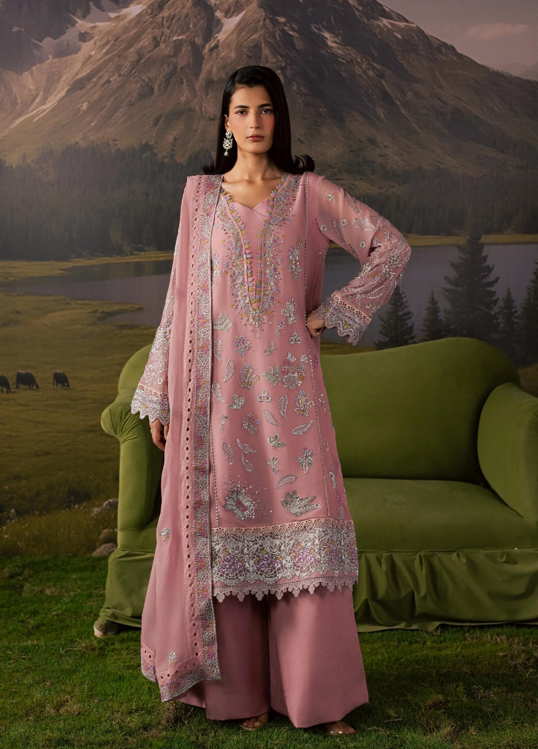 Divani by Daria Unstitched Embroidered Chiffon 4 Piece Suit DN26UD DA-118 1-PINK - Festive Collection