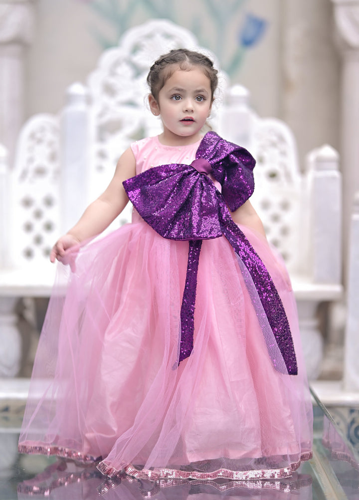 Andaz e Jahan by Qurratulain Saqib Pret kids Bareeze Net 1 Piece Solids Pink Plum Sequins Bow - Wedding Collection