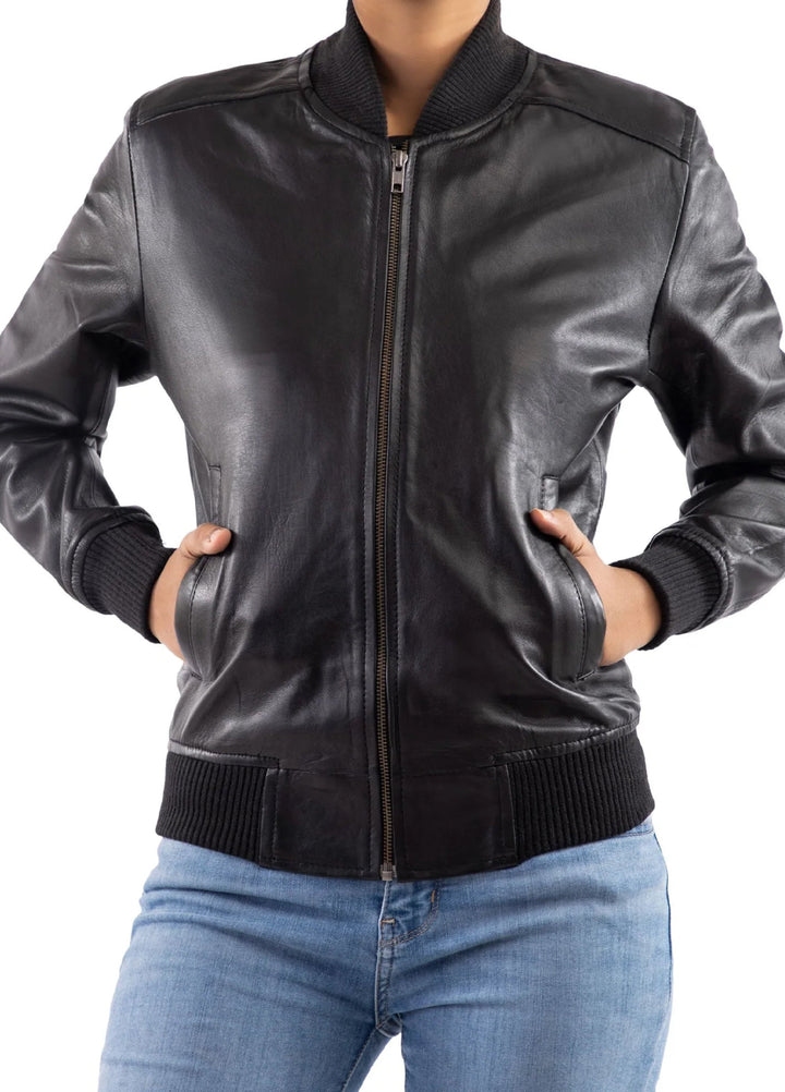 Jild Bomber Jacket Solids Womens Bomber Leather Jacket Black - Winter Collection