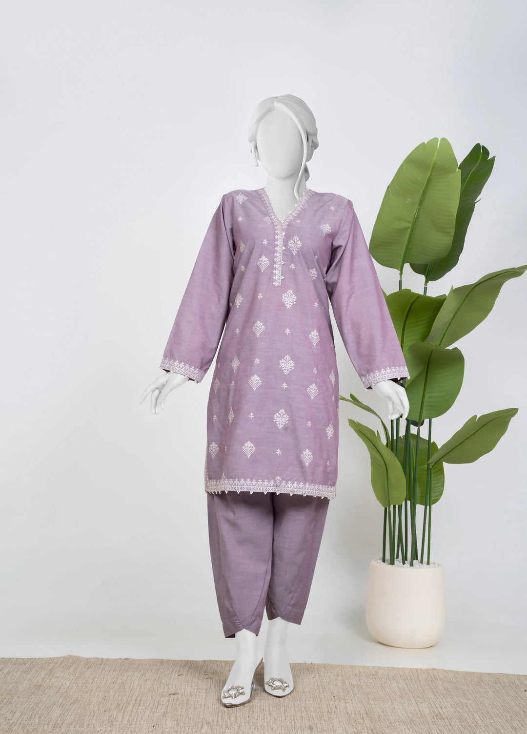 Ayla Studio Women Pret Chambray Solid Embroidered 2-Piece RTW Lilac - Winter Collection