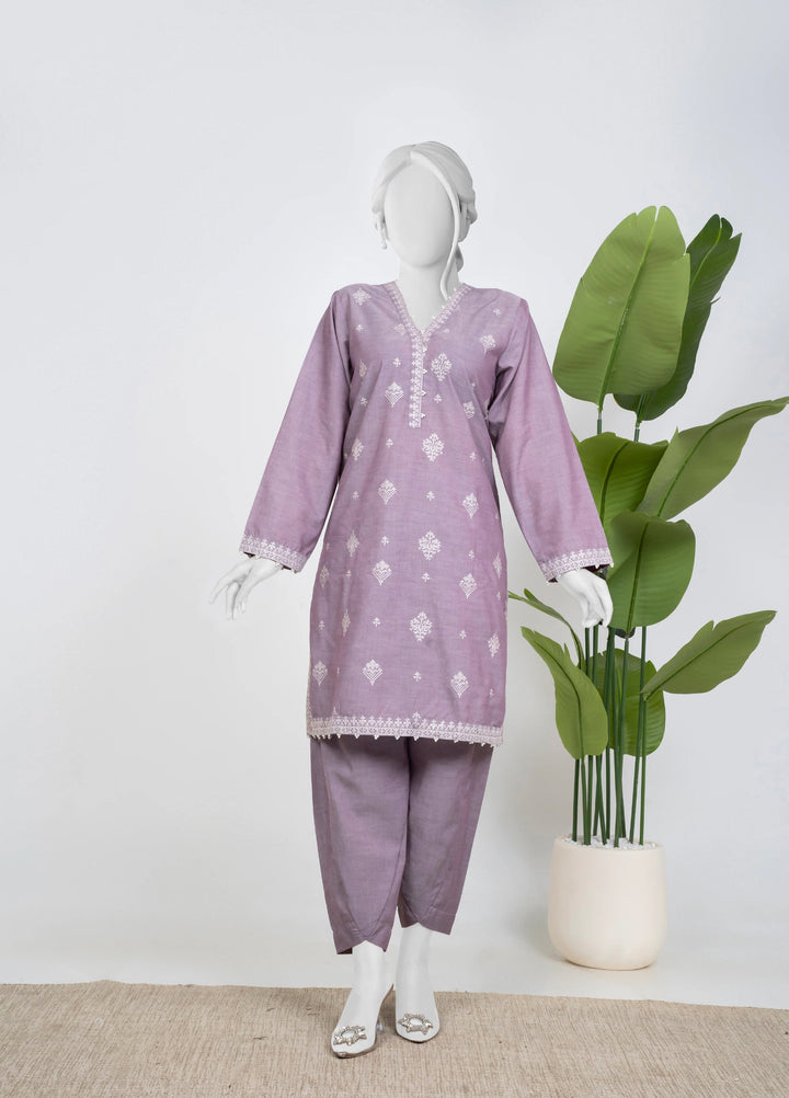 Ayla Studio Women Pret Chambray Solid Embroidered 2-Piece RTW Lilac - Winter Collection