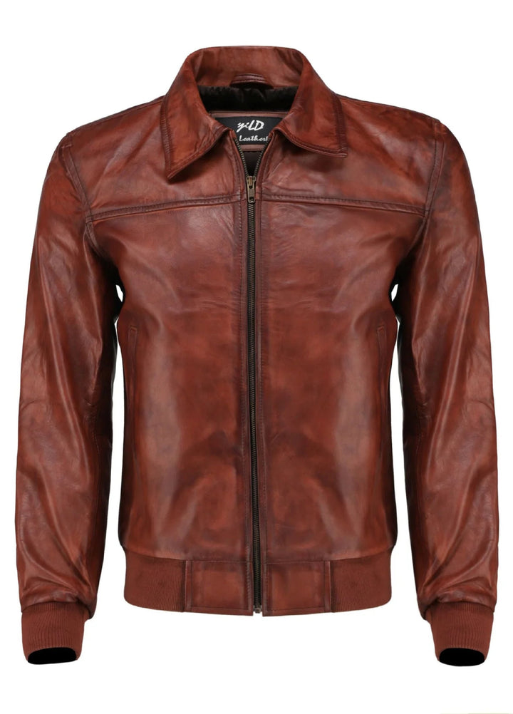 Jild Bomber Jacket Solids Mens Zipper Vintage Bomber Polo Leather Jacket Brown - Winter Collection