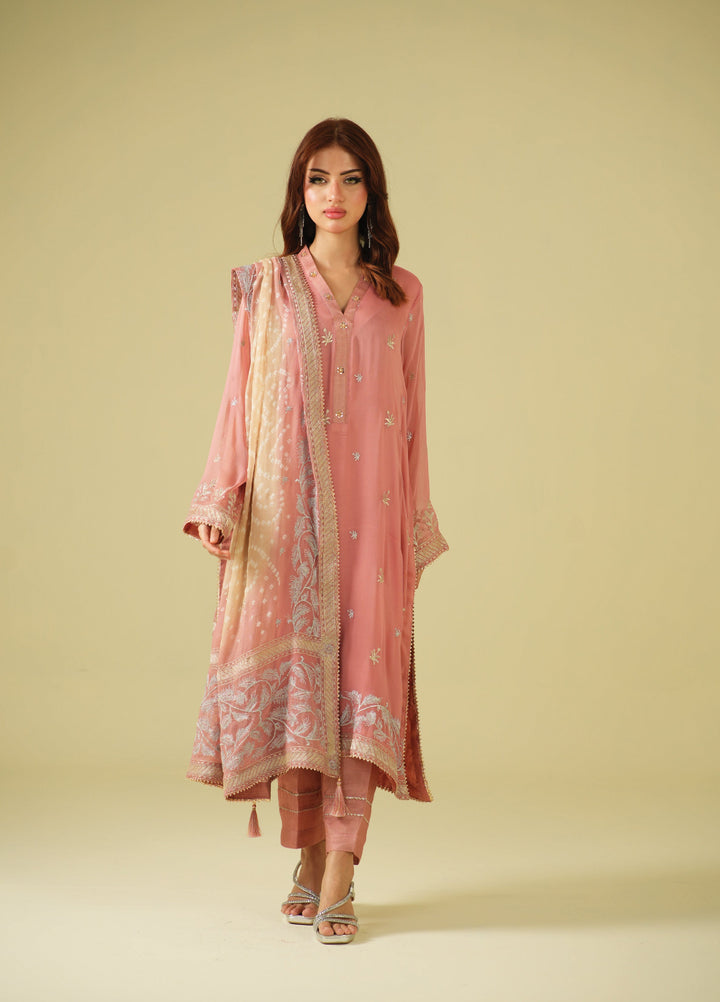 Satrang by Zouj Unstitched Chunri Chiffon Embroidered Suits 3 Piece ZJ25SC ZJCH-0031 Peach - Festive Collection