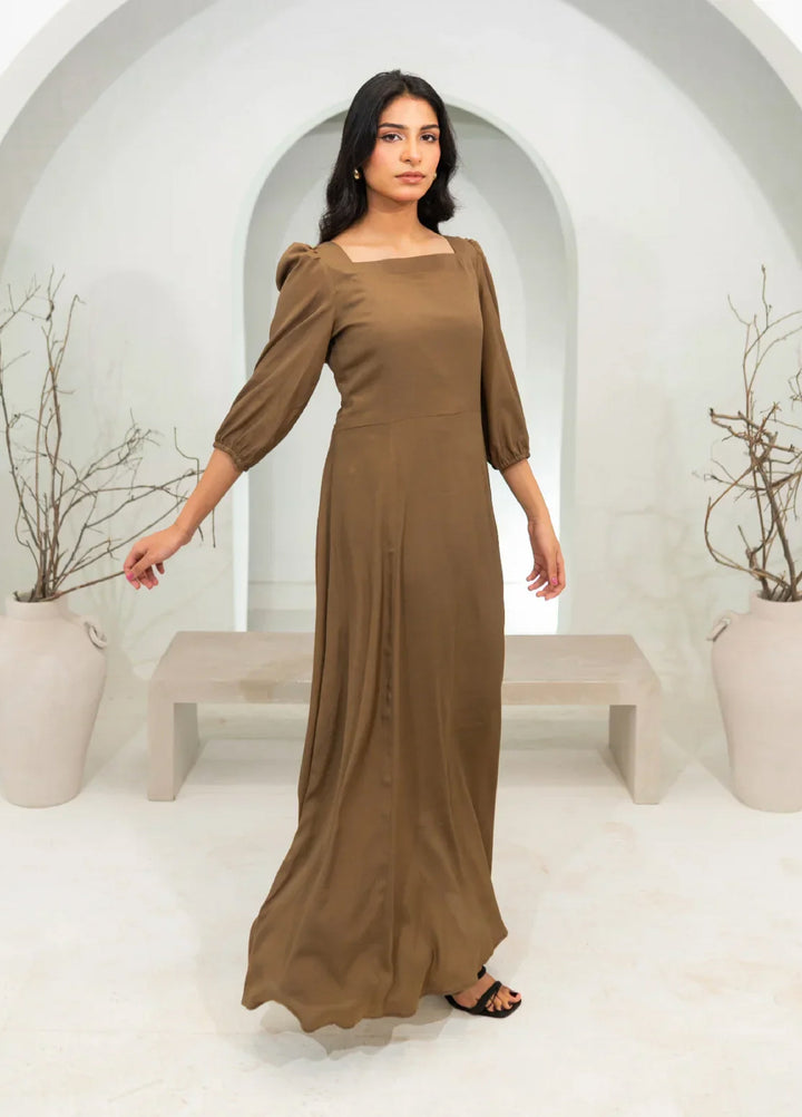 Zauk Pret Wrinkle Free Crepe 1 Piece Solids Khaki Long Dress - Casual Collection