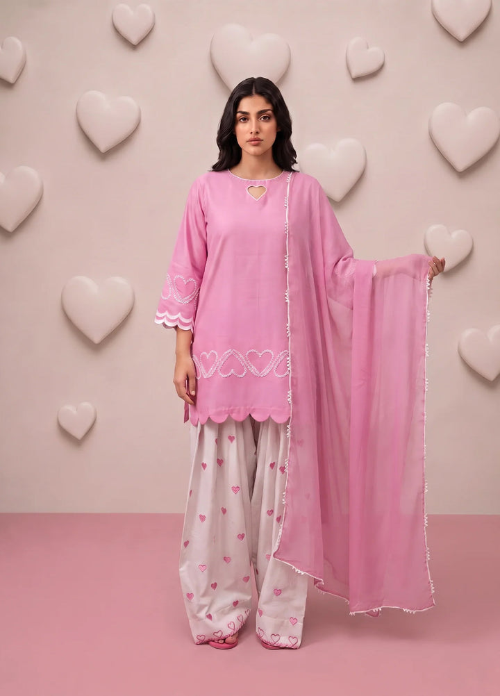 Scherezade Women RTW Embroidered Lawn Cotton 3 Piece Suit PINK HEARTS - Casual Collection