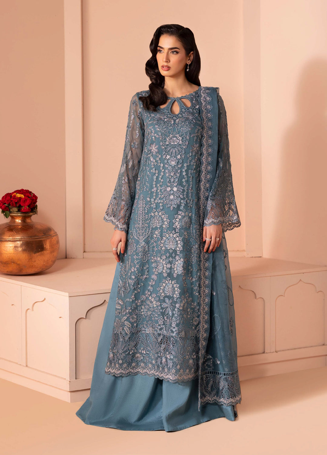 Murawwat by Lavish Premium Unstitched Luxury Chiffon Embroidered 3 peice LV25MC M-06 Ocean Teal - Formals Collection