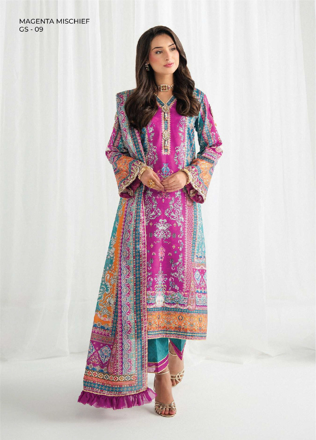 Aira by Gulaal Unstitched Printed Silk 3 Piece Suit GL26USA Magenta Mischief GS-09 - Festive Collection