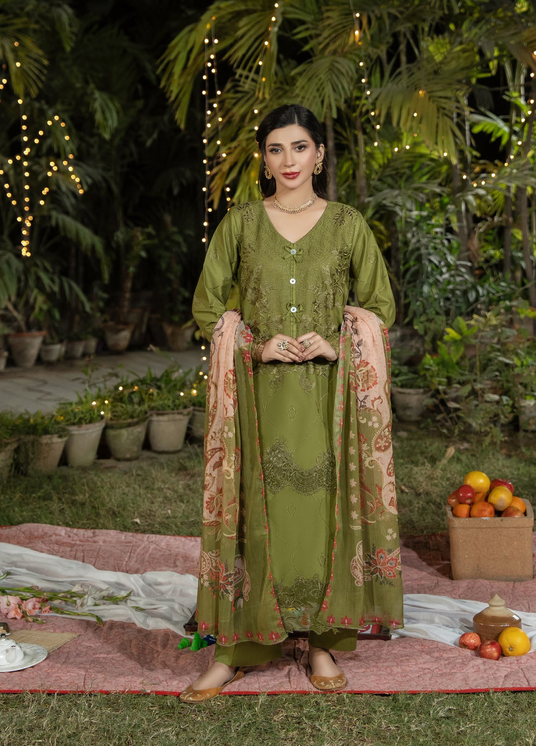 Dhaga Women RTW Embroidered Cotton 3 Piece DHG26PCN Olivkovyy - Eid Collection
