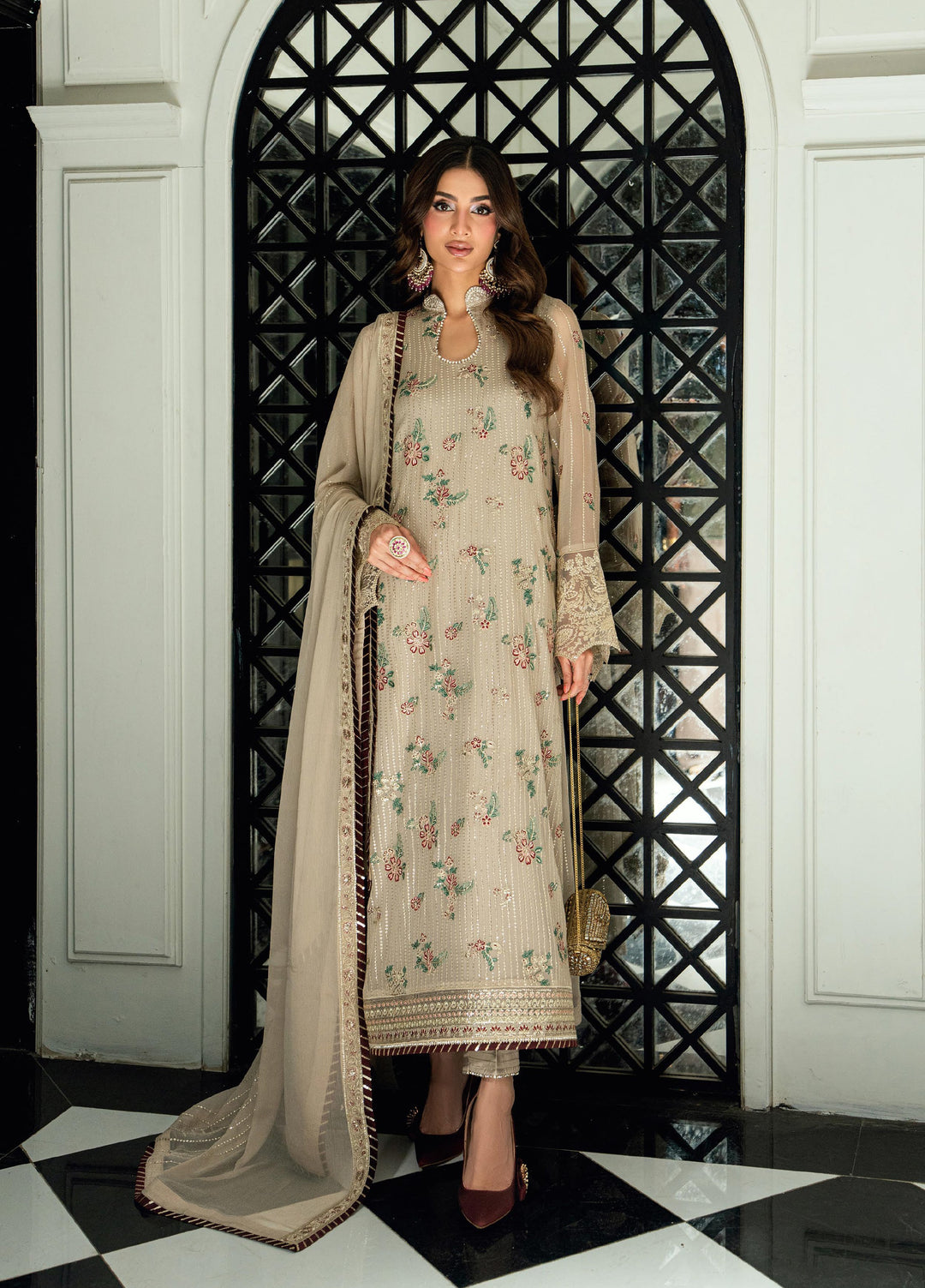 Maison d'or by Sahane Unstitched Embroidered Chiffon 3 Piece Suit CT-27005 CHAMPAGNE - Festive Collection