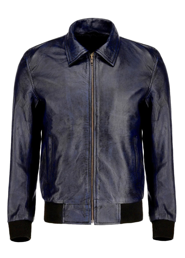 Jild Bomber Jacket Solids Mens Zipper Vintage Bomber Polo Leather Jacket Blue - Winter Collection