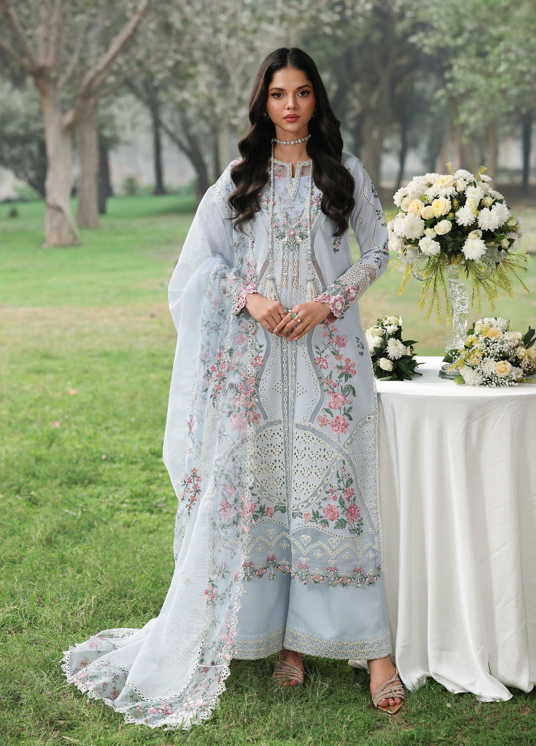 Tales of Petals by Sardinia Unstitched Embroidered Luxury Lawn 3 Pcs Suit SRD26UTP D-7 Morning Sky - Festive