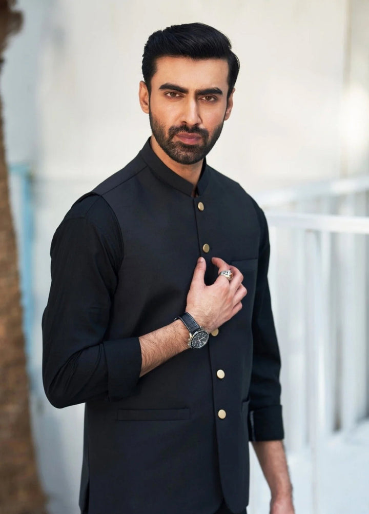 Muraqsh Ready To Wear Solids Cotton Men Black Kurta Trouser with Suiting Waistcoat Round Cut MUR-ABP-KS - Summer Collection