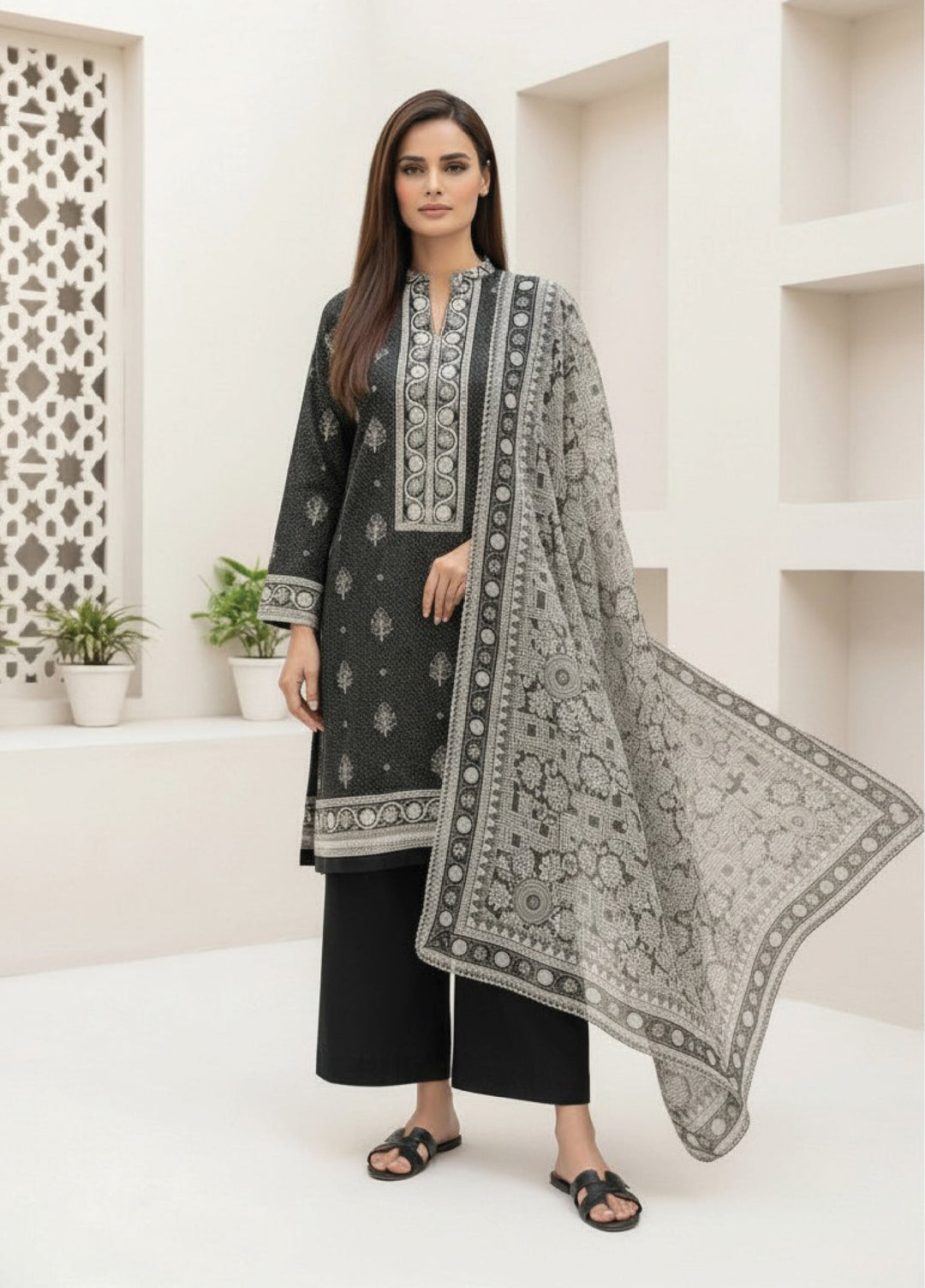Black N White by Regalia Textiles Unstitched Printed Lawn 3 Piece Suit RG26ULBW D12 - Casual Collection