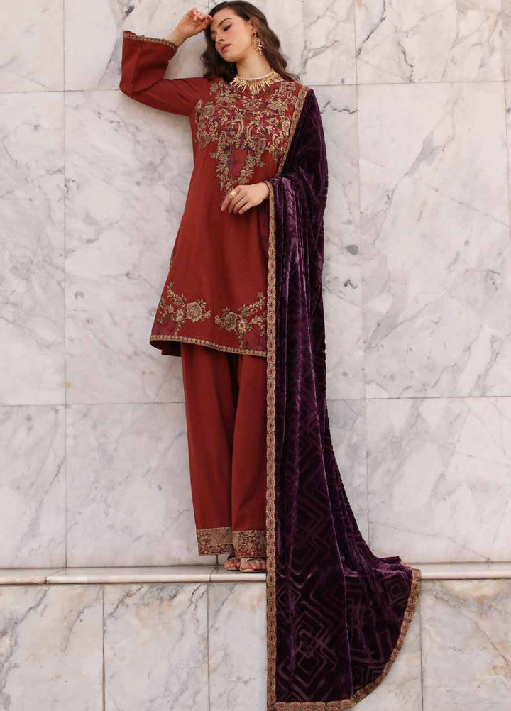 Poshima by Charizma Unstitched Peach Leather Embroidered Suit with Velvet Shawl 3 Piece CRZ25LW PSW5-22 - Winter Collection