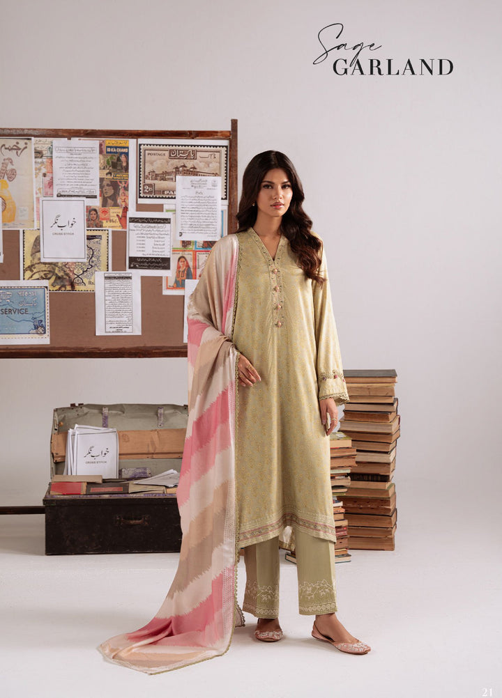 Cross Stitch Unstitched RTS Linen Embroidered Suits 3 Piece CS25LW D-08 Sage Garland - Winter Collection