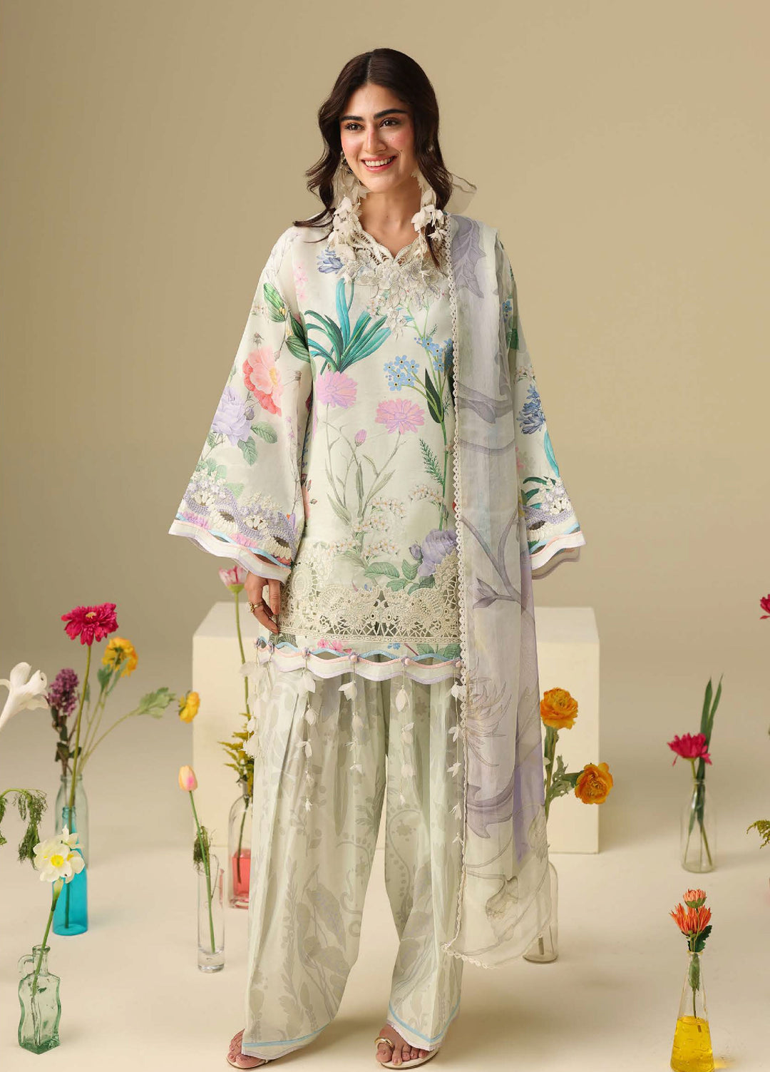 Soleil Hemline by Mushq Unstitched Printed Lawn 3 Piece Suit MU26USL Vanilla Lush HUNSS260306 - Festive Collection
