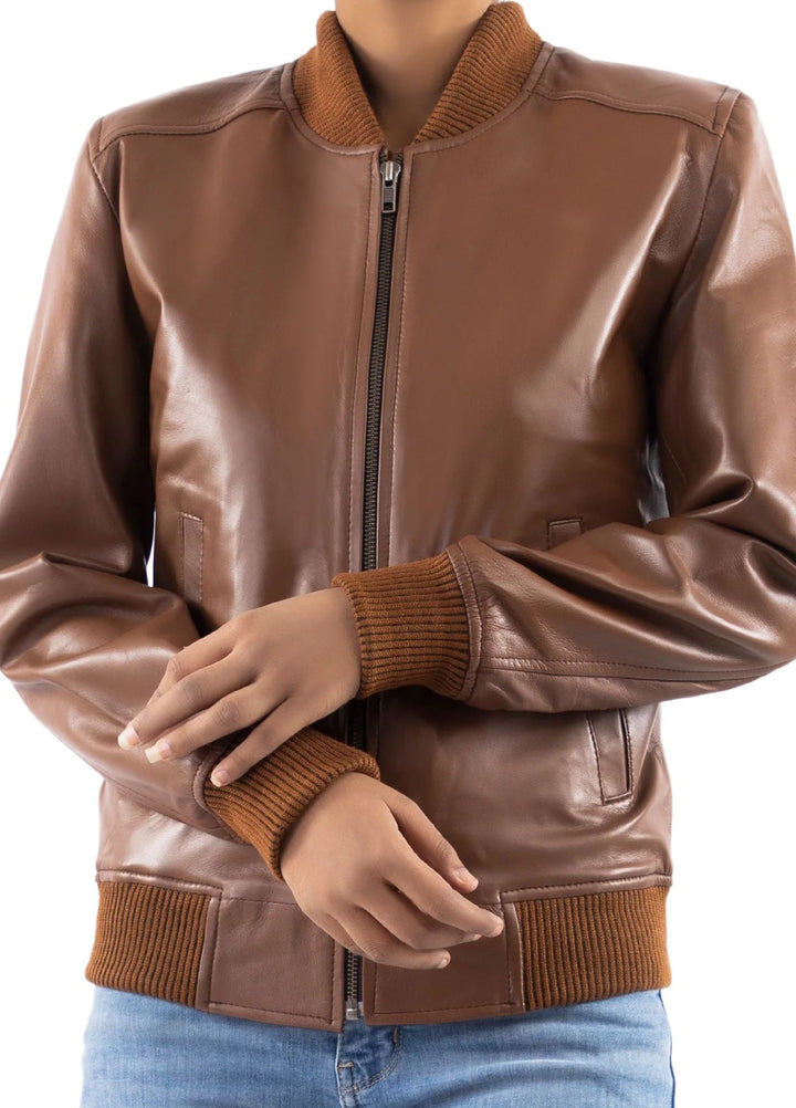Jild Bomber Jacket Solids Womens Bomber Leather Jacket Cognac - Winter Collection