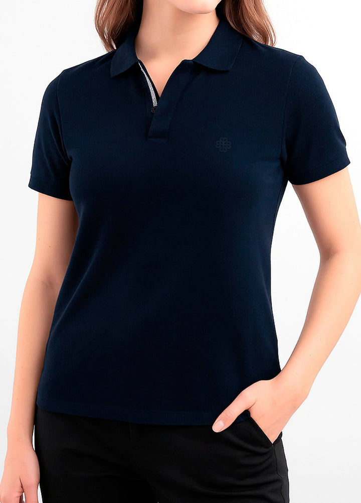 Brumano Solids Navy Blue 100% Cotton Pique Polo - Women