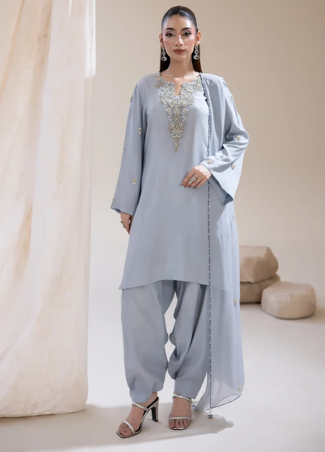 Alee Malic RTW Hand Work Raw Silk 3 Piece Suit Slate - Wedding Collection