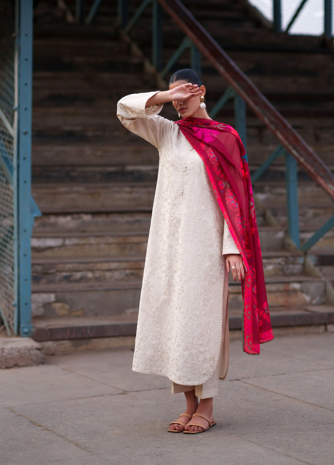 Summer Travels by Casuallite RTW Embroidered Cotton Lawn 3 Piece Suit CL26ULST OUTFIT 07 BLUSH IVORY - Casual Collection