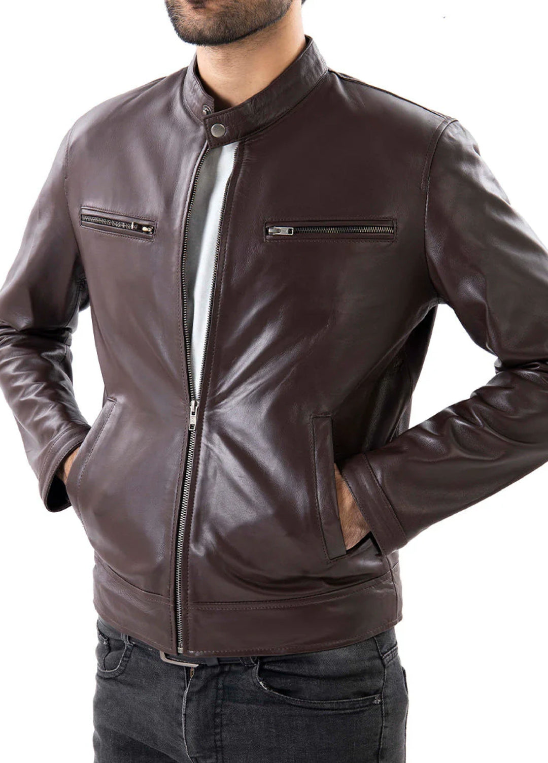 Brown Mens Pure Sheep Leather Zipper Jacket