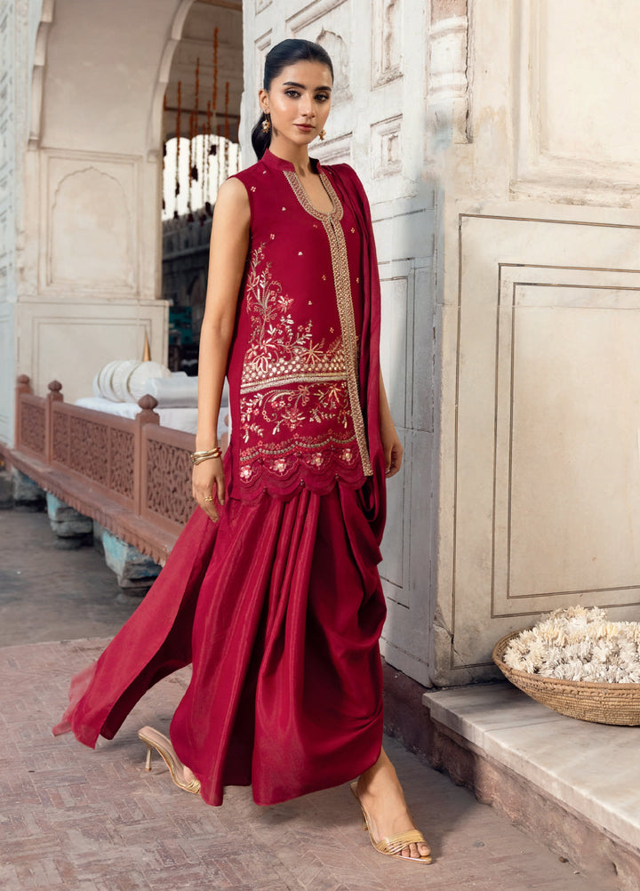 M basics by Maria B Unstitched Chiffon Embroidered Suits 3 Piece MB25WF D-808 Deep Red - Winter Collection