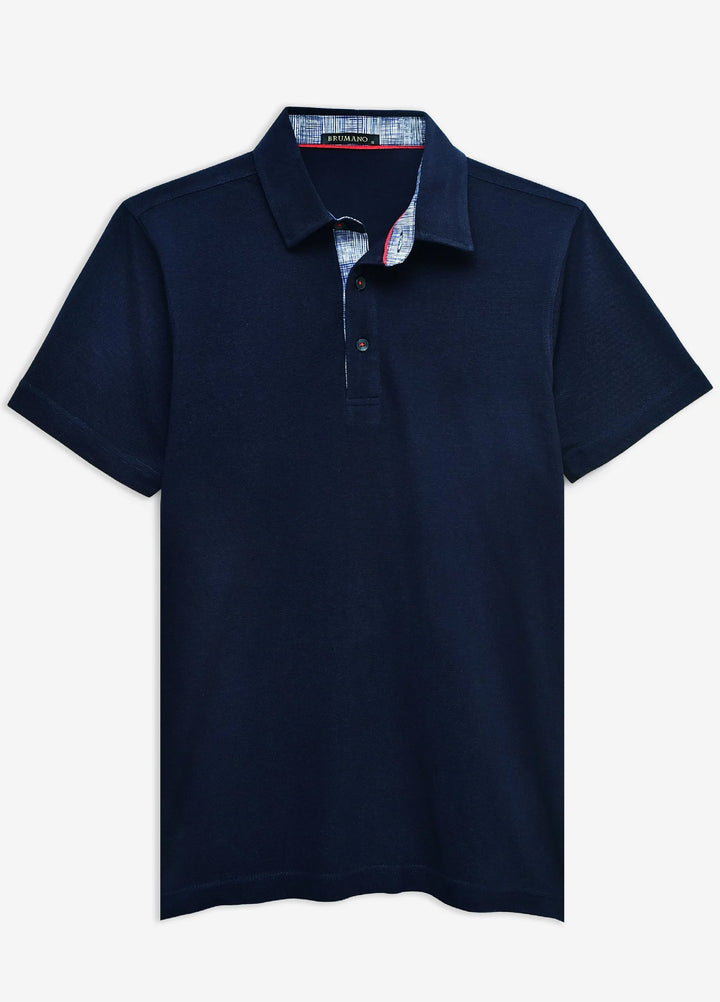 Brumano  Solids Cotton Polo Navy Blue Self Collar Polo With Contrasting Detailing