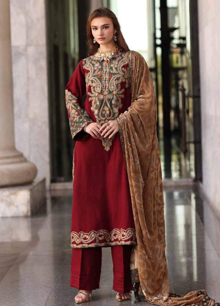 Poshima by Charizma Unstitched Peach Leather Embroidered Suit with Velvet Shawl 3 Piece CRZ25LW PSW5-20 - Winter Collection