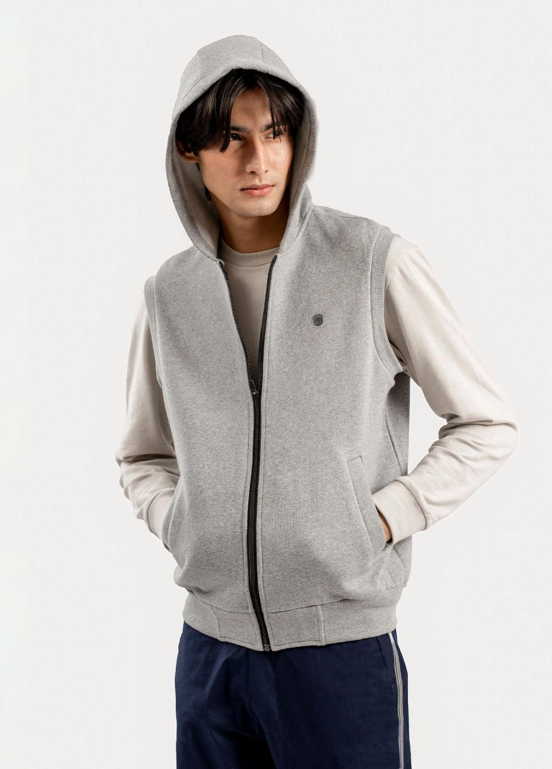 Heather Grey Sleeveless Zipper Jacket With Hoodie