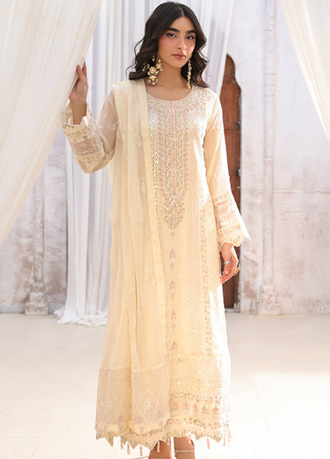 Lamhay by Shamooz Unstitched Embroidered Chiffon 3 Piece Suit SHM26UL Soft Ivory - Festive Collection