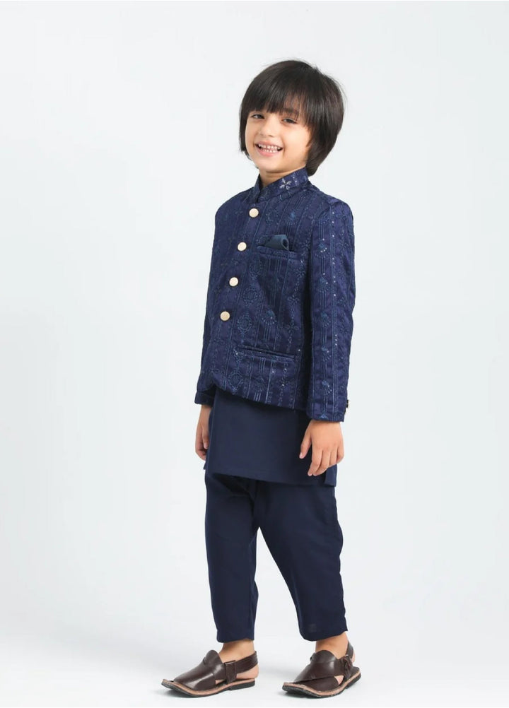 Muraqsh Ready To Wear Cotton Boys Navy Blue Kurta Trouser with Sequin Embroidered Prince Coat ABD-ASB3S - Summer Collection
