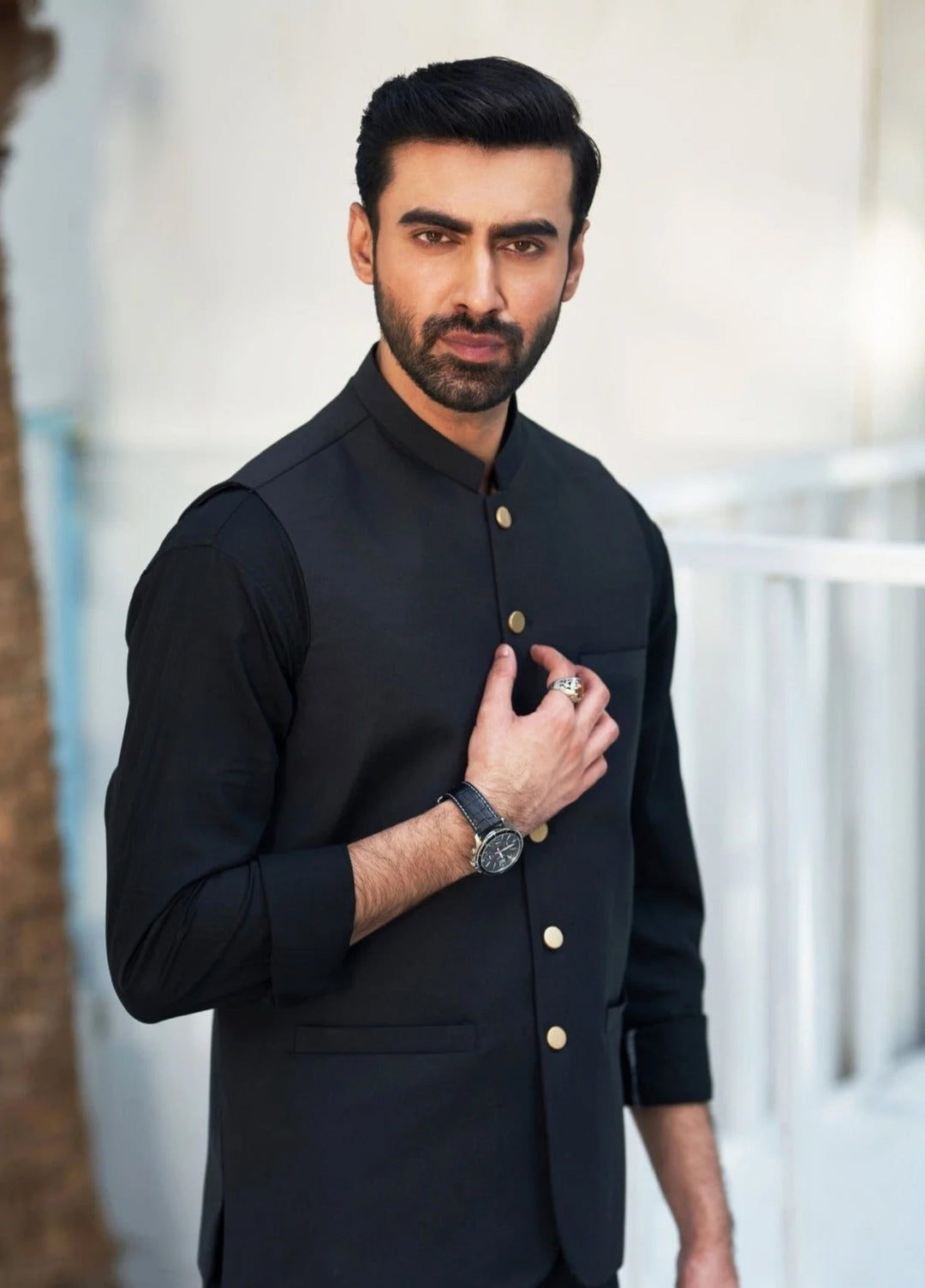 Muraqsh Ready To Wear Solids Cotton Men Black Kurta Trouser with Suiting Waistcoat Round Cut MUR-ABP-KS - Summer Collection