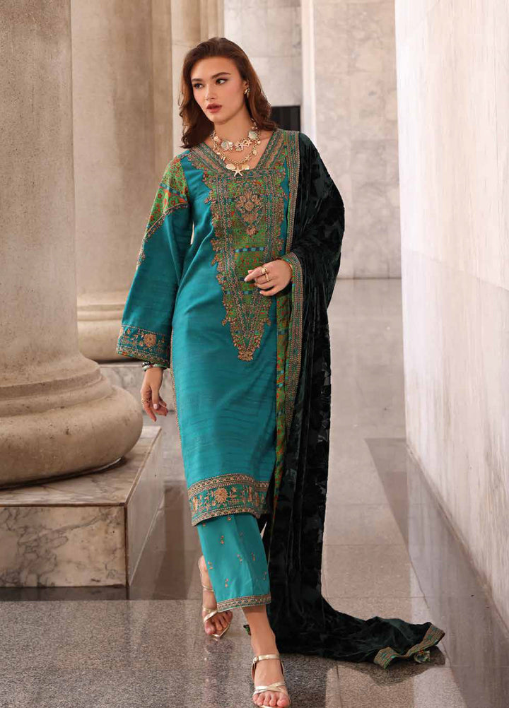 Poshima by Charizma Unstitched Peach Leather Embroidered Suit with Velvet Shawl 3 Piece CRZ25LW PSW5-19 - Winter Collection