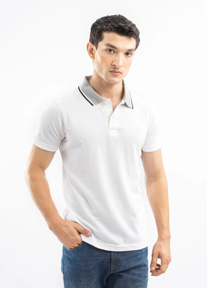 Brumano  Solids Cotton Polo White Pique Polo With Grey Tipped Collar