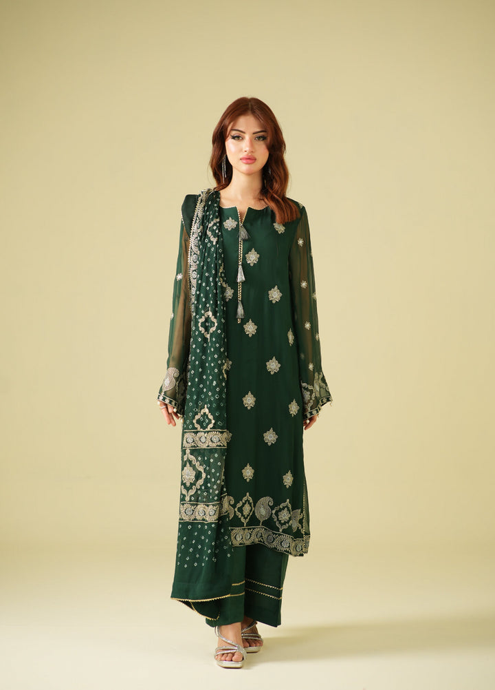 Satrang by Zouj Unstitched Chunri Chiffon Embroidered Suits 3 Piece ZJ25SC ZJCH-0030 Dark Green - Festive Collection
