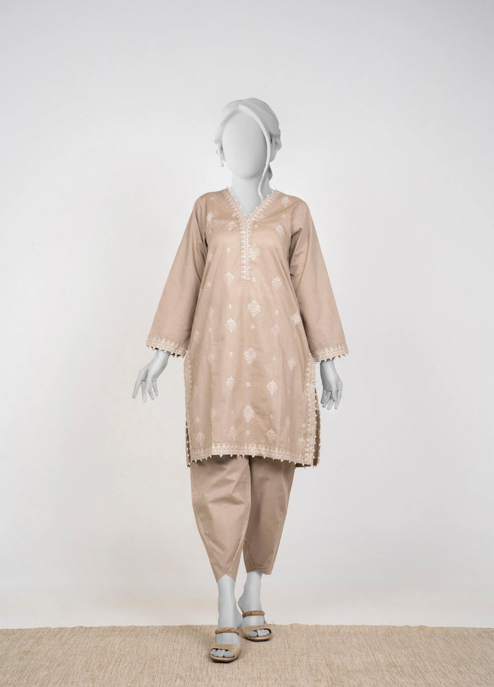 Ayla Studio Women Pret Chambray Solid Embroidered 2-Piece RTW Mushroom Beige - Winter Collection