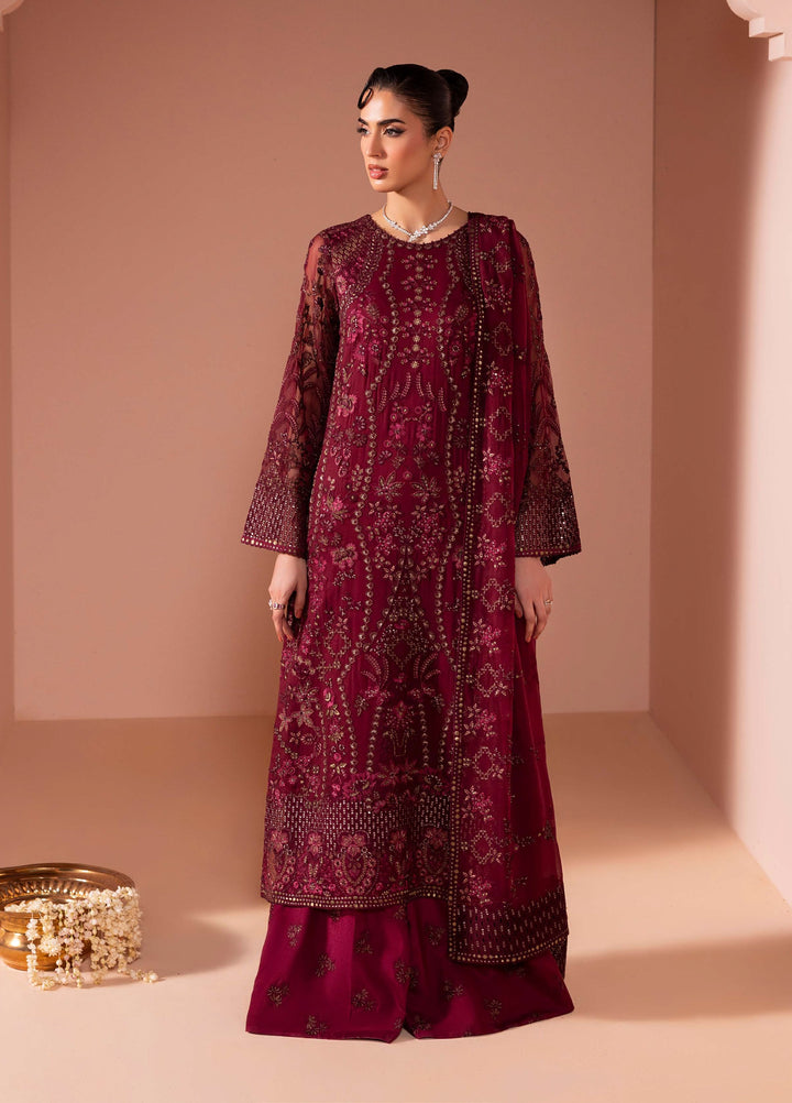 Murawwat by Lavish Premium Unstitched Luxury Chiffon Embroidered 3 peice LV25MC M-01 Rosewood Wine - Formals Collection