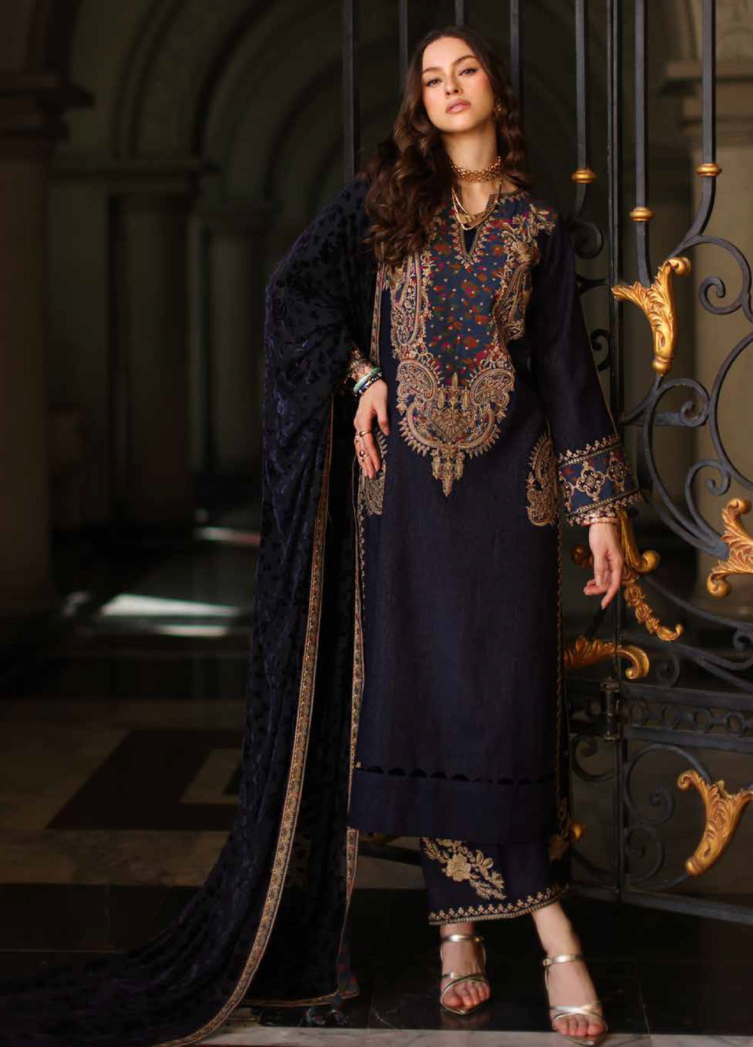 Poshima by Charizma Unstitched Peach Leather Embroidered Suit with Velvet Shawl 3 Piece CRZ25LW PSW5-16 - Winter Collection