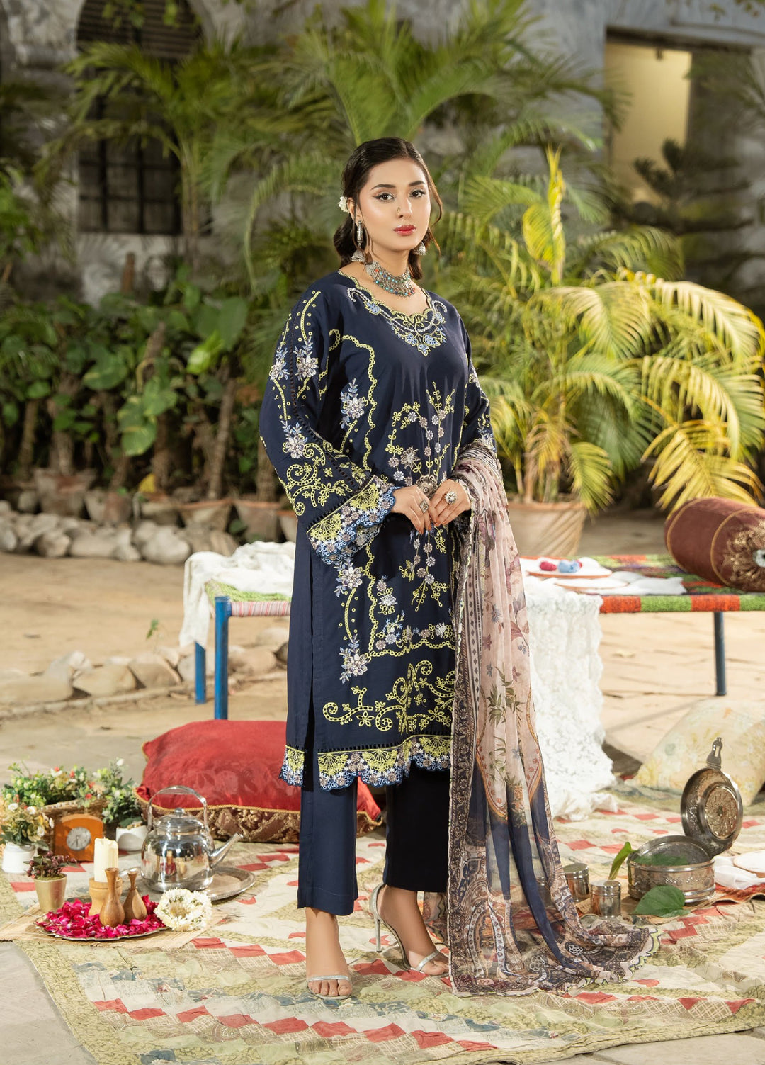 Dhaga Women RTW Embroidered Cotton 3 Piece DHG26PCN Royal azure - Eid Collection