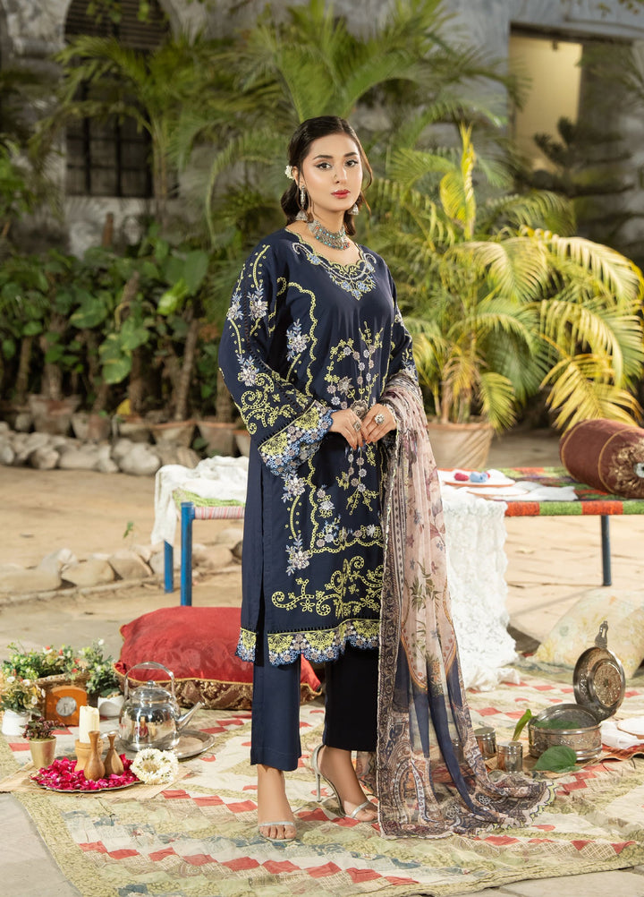 Dhaga Women RTW Embroidered Cotton 3 Piece DHG26PCN Royal azure - Eid Collection