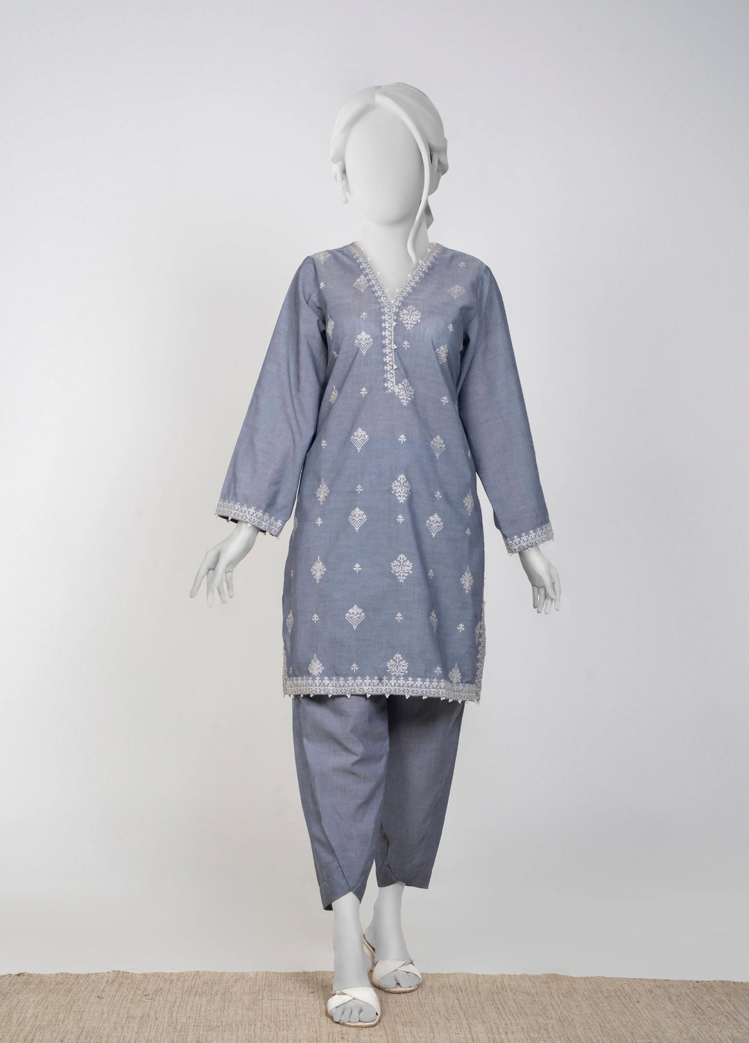 Ayla Studio Women Pret Chambray Solid Embroidered 2-Piece RTW Charcoal - Winter Collection